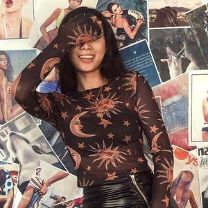 Sun Moon Print Mesh T-shirt